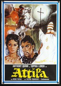 1s034 ATTILA Italy/Span 1sh R70s art of Anthony Quinn as The Hun grabbing sexy Sophia Loren!