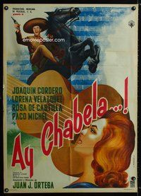 1s112 AY CHABELA Mexican poster '61 art of guy w/gun on rearing horse over giant guitar by Mendoza