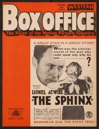 1t043 BOX OFFICE exhibitor magazine June 22, 1933 western edition, Lionel Atwill in The Sphinx!
