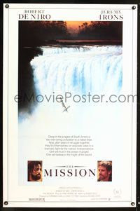 1v386 MISSION 1sh '86 Robert De Niro, Jeremy Irons, cool waterfall artwork!