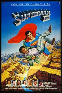 1v514 SUPERMAN III advance 1sh '83 art of Christopher Reeve flying with Richard Pryor by L. Salk!