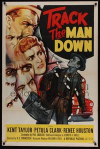 1v539 TRACK THE MAN DOWN 1sh '55 cool art of detective Kent Taylor tracing footsteps!