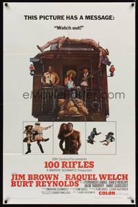 1y003 100 RIFLES style A 1sh '69 Jim Brown, sexy Raquel Welch & Burt Reynolds on back of train!