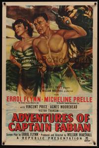1y020 ADVENTURES OF CAPTAIN FABIAN 1sh '51 art of barechested Errol Flynn & sexy Micheline Presle!