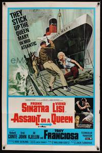 1y043 ASSAULT ON A QUEEN 1sh '66 art of Frank Sinatra w/pistol & sexy Virna Lisi on submarine deck