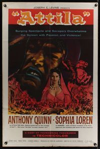 1y045 ATTILA 1sh R62 The Hun, art of Anthony Quinn in title role & sexy Sophia Loren!