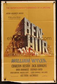 1y062 BEN-HUR 1sh '60 Charlton Heston, William Wyler classic religious epic, cool chariot art!