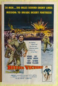1y072 BITTER VICTORY 1sh '58 Nicholas Ray, Richard Burton, cool WWII desert battle artwork!