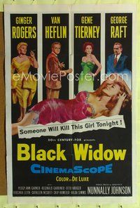 1y079 BLACK WIDOW 1sh '54 Ginger Rogers, Gene Tierney, Van Heflin, George Raft, sexy art!