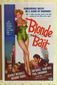 1y082 BLONDE BAIT 1sh '56 full-length sexy smoking bad girl Beverly Michaels is a silken trap!