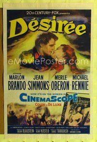 1y183 DESIREE 1sh '54 romantic artwork of Marlon Brando about to kiss pretty Jean Simmons!