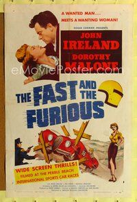1y244 FAST & THE FURIOUS 1sh '54 John Ireland, Dorothy Malone, cool race car artwork!