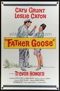1y246 FATHER GOOSE 1sh '65 art of sea captain Cary Grant yelling at pretty Leslie Caron!