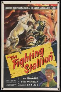 1y251 FIGHTING STALLION 1sh '50 cool wild horse fight artwork, the screen explodes into flame!