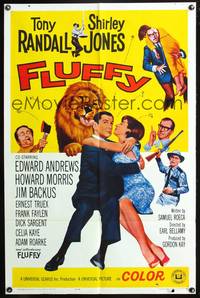 1y263 FLUFFY 1sh '65 great image of huge lion licking Tony Randall w/sexy Shirley Jones!