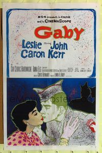 1y289 GABY 1sh '56 wonderful close up art of soldier John Kerr kissing Leslie Caron!