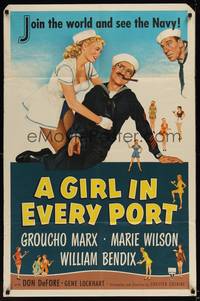 1y303 GIRL IN EVERY PORT 1sh '52 artwork of wacky sailor Groucho Marx & sexy Marie Wilson!