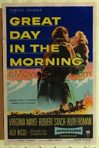 1y319 GREAT DAY IN THE MORNING 1sh '56 art of Robert Stack with two guns & sexy Virginia Mayo!