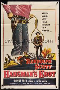 1y334 HANGMAN'S KNOT 1sh R61 cool image of Randolph Scott in noose, Donna Reed!