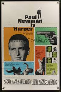 1y338 HARPER 1sh '66 Paul Newman has many fights, sexy Pamela Tiffin, great design!