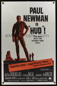 1y382 HUD 1sh '63 Paul Newman is the man with the barbed wire soul, Martin Ritt classic!