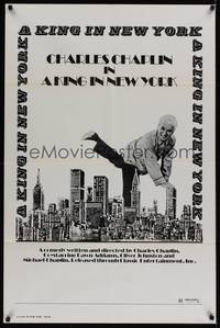 1y450 KING IN NEW YORK 1sh R73 great image of Charlie Chaplin over NYC skyline!