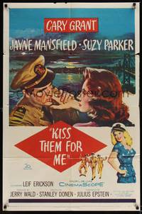 1y456 KISS THEM FOR ME 1sh '57 romantic art of Cary Grant & Suzy Parker, + sexy Jayne Mansfield!