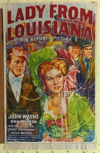 1y466 LADY FROM LOUISIANA 1sh '41 great colorful artwork of John Wayne, Ona Munson!