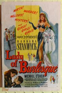 1y468 LADY OF BURLESQUE 1sh '43 great image of sexy Barbara Stanwyck in two-piece dress!