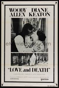 1y494 LOVE & DEATH style B 1sh '75 Woody Allen & Diane Keaton romantic kiss close up!