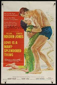 1y497 LOVE IS A MANY-SPLENDORED THING 1sh '55 romantic art of William Holden & Jennifer Jones!