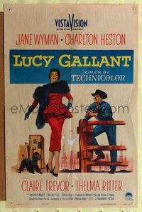 1y504 LUCY GALLANT 1sh '55 full-length image of Jane Wyman walking dog, plus Charlton Heston!