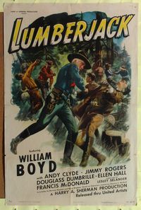 1y505 LUMBERJACK 1sh '44 William Boyd as Hopalong Cassidy knocks out bad guy!