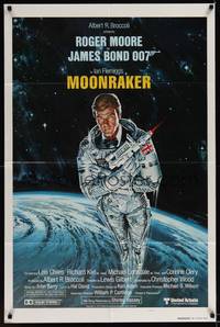 1y556 MOONRAKER style A int'l teaser 1sh '79 art of Roger Moore as James Bond in space by Gouzee!