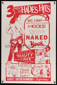 1y582 NAKED YOUTH/BEAUTY & THE CAVE/PRIVATE SEXY-TARY 1sh '60s sexploitation triple bill!