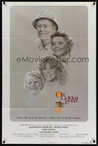 1y636 ON GOLDEN POND 1sh '81 art of Katharine Hepburn, Henry Fonda, and Jane Fonda by C.D. de Mar!