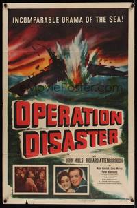 1y641 OPERATION DISASTER 1sh '51 John Mills & Richard Attenborough, exploding ship art!