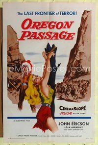 1y644 OREGON PASSAGE 1sh '58 artwork of Native Americans & super sexy girl tied to tree!