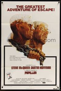 1y652 PAPILLON 1sh '73 great art of prisoners Steve McQueen & Dustin Hoffman by Tom Jung!
