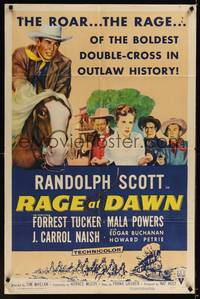 1y689 RAGE AT DAWN style A 1sh '55 cool artwork of outlaw hunter Randolph Scott, Mala Powers!