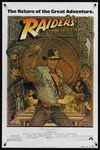 1y691 RAIDERS OF THE LOST ARK 1sh R82 great art of adventurer Harrison Ford by Richard Amsel!