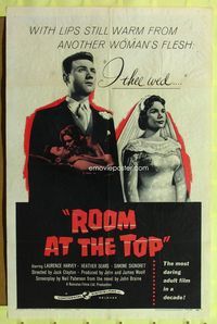 1y719 ROOM AT THE TOP 1sh '59 Laurence Harvey loves Heather Sears AND Simone Signoret!