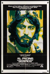 1y748 SERPICO 1sh '74 cool close up image of Al Pacino, Sidney Lumet crime classic!