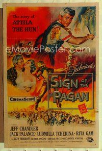 1y764 SIGN OF THE PAGAN 1sh '54 cool art of Jack Palance as Attila the Hun, Jeff Chandler!