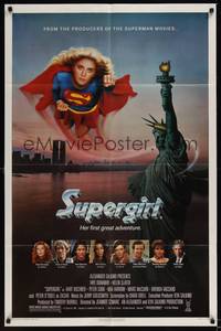 1y832 SUPERGIRL 1sh '84 super Helen Slater in costume flying over Statue of Liberty!