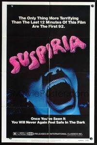 1y838 SUSPIRIA 1sh '77 classic Dario Argento horror, cool close up screaming mouth image!