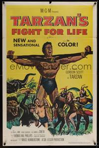 1y853 TARZAN'S FIGHT FOR LIFE 1sh '58 close up art of Gordon Scott bound with arms outstretched!