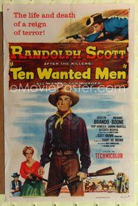 1y859 TEN WANTED MEN 1sh '54 cool artwork of cowboy Randolph Scott with two six-guns!