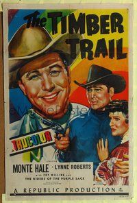 1y897 TIMBER TRAIL 1sh '48 great art of Monte Hall smiling close up & with Lynne Roberts!