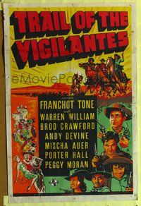 1y918 TRAIL OF THE VIGILANTES 1sh '40 silkscreen art of cowboy Franchot Tone & Broderick Crawford!